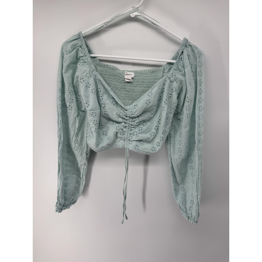 Japna Blouse Womens XS Green Eyelet Cropped Smocked Balloon Sleeve V Neck